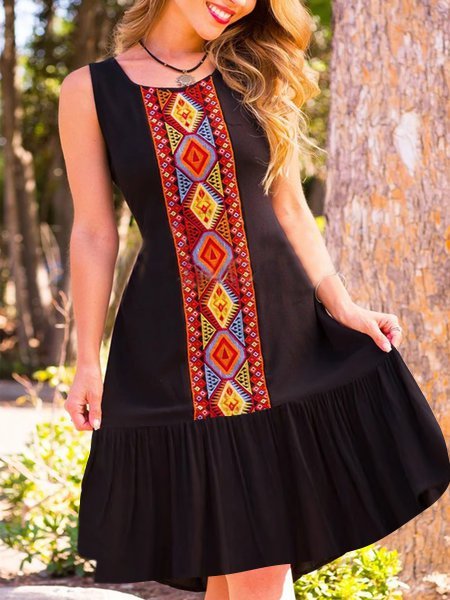 

Abito Casuale Vintage Bohemian Floreale Geometrico, Nero, Casual Dresses