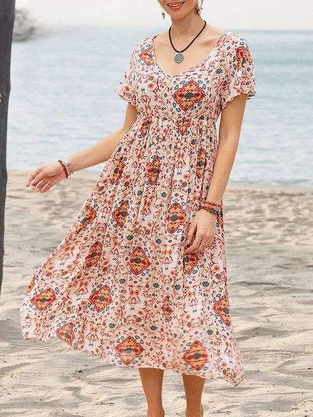 

V Neck A-Line Beach Ruffled Midi Dress, Multicolors, Midi Dresses