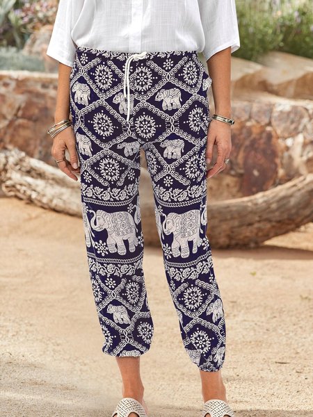 

Women Casual Elephant Printed Pants, Blue, Pants