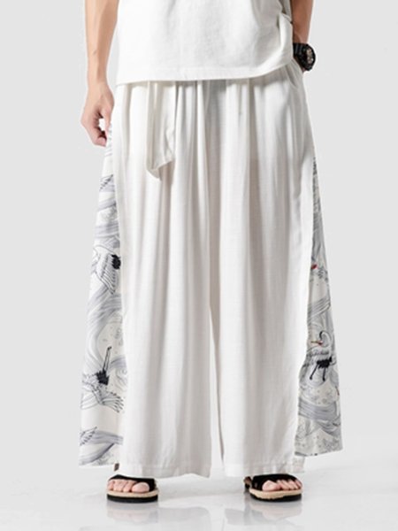 

Linen Printed Solid Pants, White, Men's pants