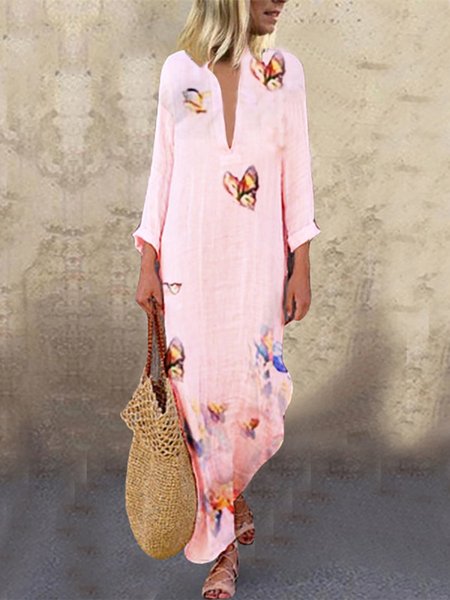 

Abito Casuale Floreale Dritto con Scollo a V, Rosa, Dresses