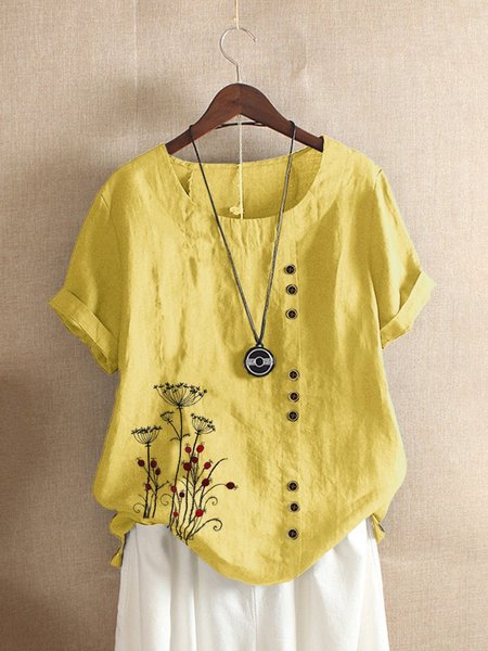 

Causal Plus Size Crew Neck Cotton Floral Buttoned Roll Up Short Sleeve Blouse, Yellow, Blouses & Shirts