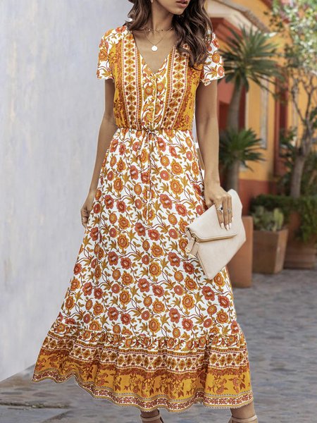 

V Neck A-Line Boho Floral Maxi Dress, Purple, Maxi Dresses