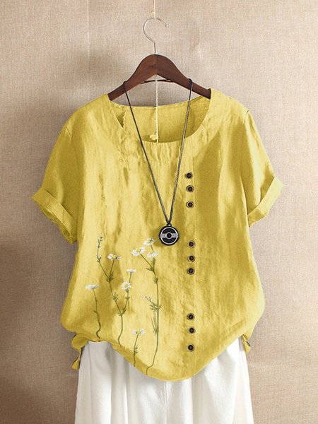 

Women's Shirt Linen Shirt Blouse Cotton Floral Graphic Button Daily Roll Up Short Sleeve Casual Crew Neck Regular Fit Summer Spring Fall, Yellow, Blouses & Shirts