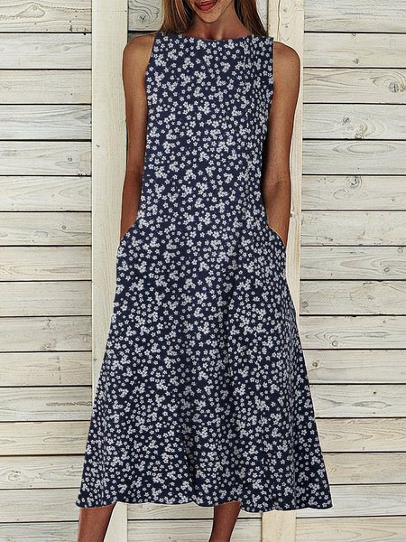 Maxi Abito con Tasche Floreale, Navy blue, Midi Dresses