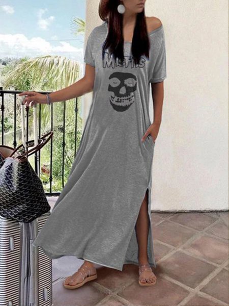 

Abito taglia grande Bohemian a Girocollo a Maniche Corte, Grigio, Dresses