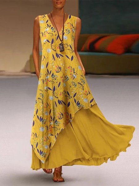 

Holiday Printed Sleeveless A-Line Women Dress, Yellow, Maxi Dresses