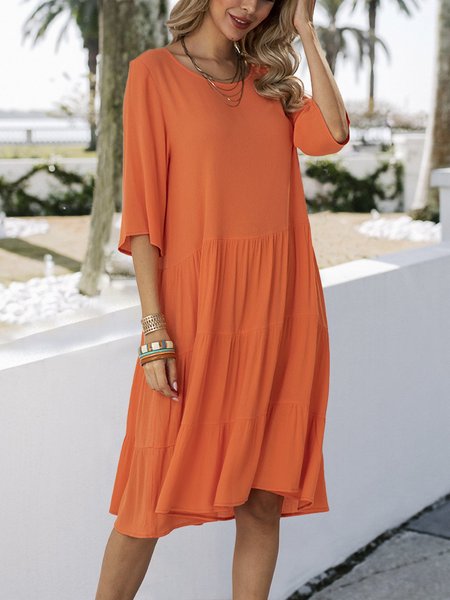 

Orange A-Line Daily Tiered Solid Midi Dress, Midi Dresses