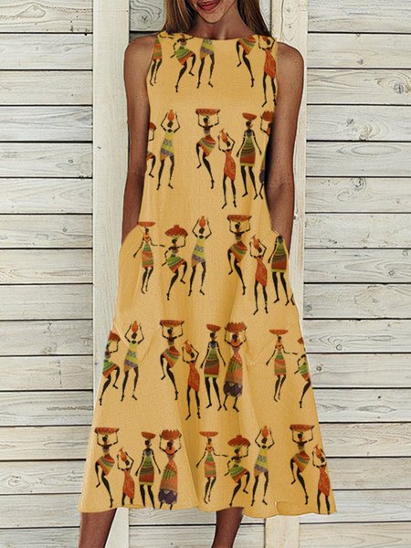 

Size Print Crew Neck Pockets Maxi Weaving Dress, Yellow, Floral Dresses