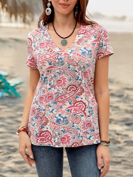 

Women Short Sleeve V Neck Printed Top, Multicolors, Tops