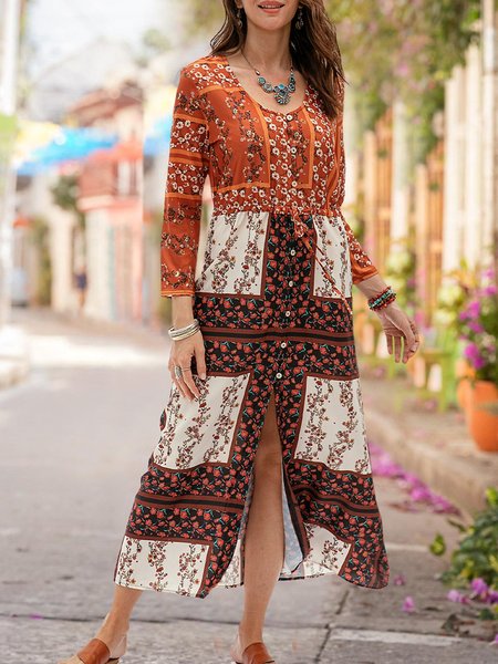 

Women Tribal Boho Crew Neck Swing Dress, As picture, Maxi Dresses