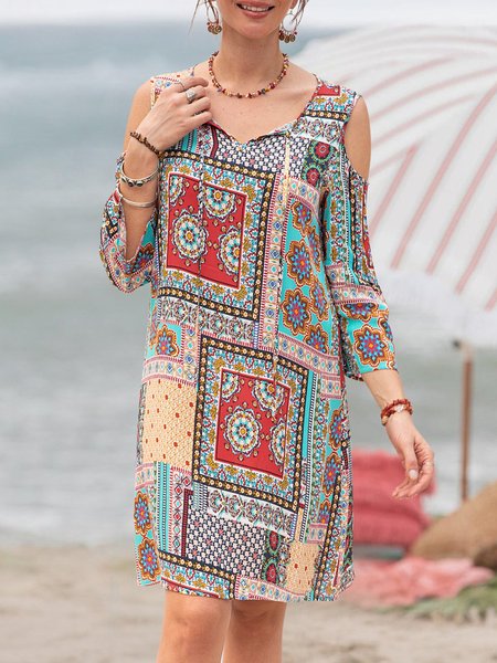 

Women Tribal Cold Shoulder Casual Dresses, Multicolors, Mini Dresses