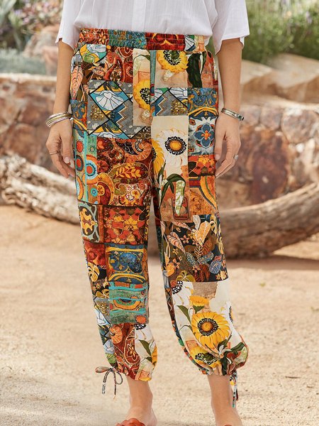 

Women Vintage Printed Floral Pants, Multicolor, Bottoms