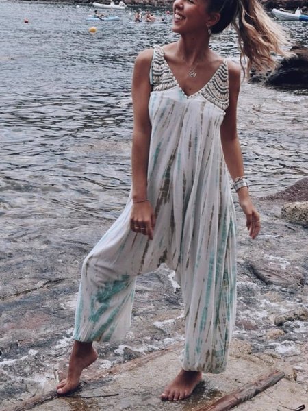 

One-Pieces a Strisce Casuale con Scollo a V, Bianco, Jumpsuits