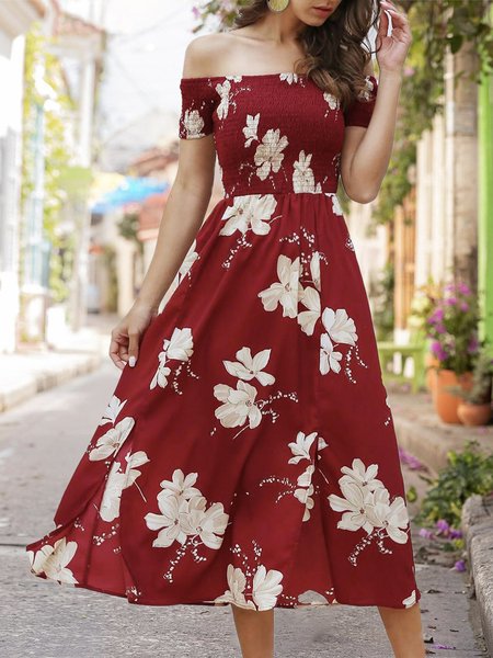 

Horizontal Neck Holiday Floral Midi Dress, Red, Midi Dresses