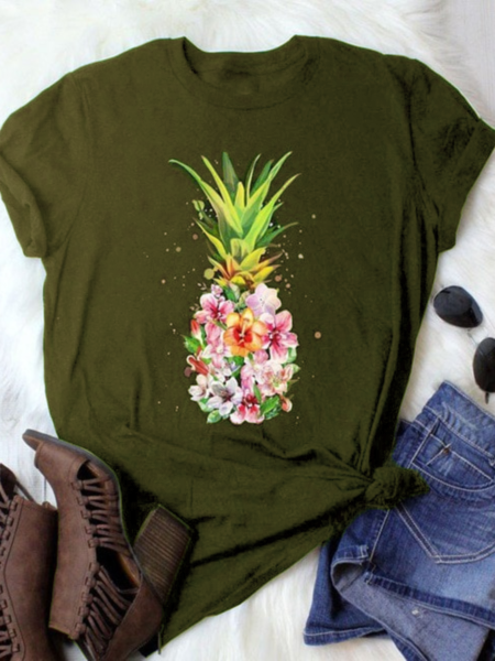 T-Shirt a Girocollo Stampato Casuale, Verde militare, T-Shirts
