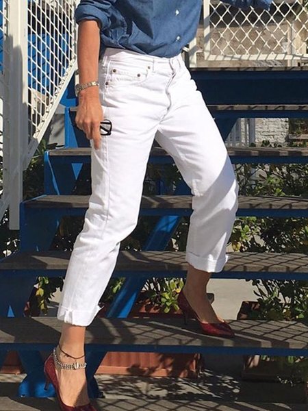 

White Cotton Solid Casual Pants, Pants