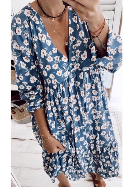 

Blue 3/4 Sleeve Floral Weaving Dress, Dresses