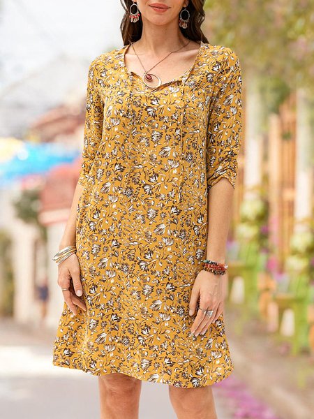 Women Boho Floral Chiffon Floral-Print Dresses, Mustards, Dresses