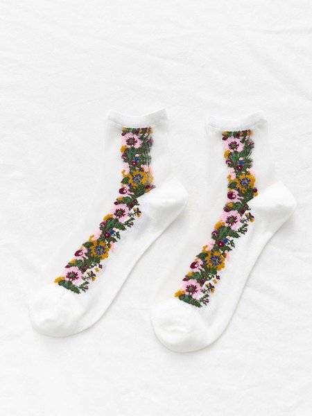 

Summer Woman Thin Retro Palace Floral Crystal Stockings, White, Socks