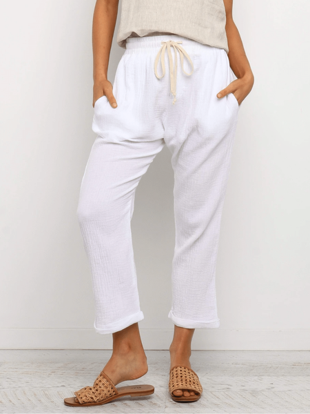 

Pantaloni con Tasche Casuale di Misto Cotone, Bianco, Pants