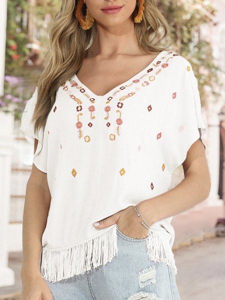 

Boho Short Sleeve EmbroideryTop, White, Blouses and Shirts