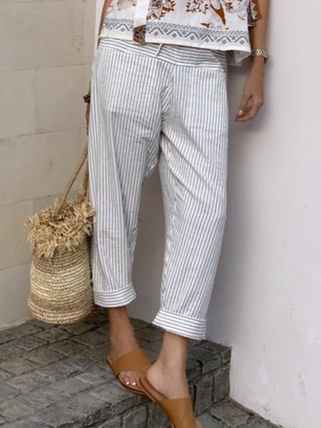

Pantaloni a Righe con Tasche Dritto Casuale, Avorio, Pants