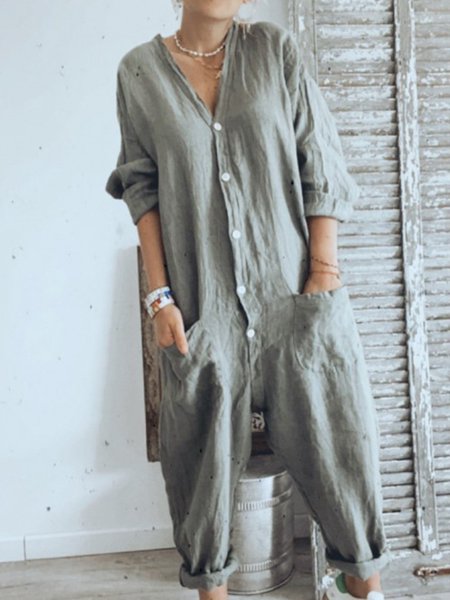 

Light Gray 3/4 Sleeve Plain Casual Buttoned Jumpsuits, Jumpsuits＆Rompers