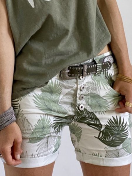 Pantaloncini Leaves Stampato Casuale Abbottonato, Verde, Bottoms