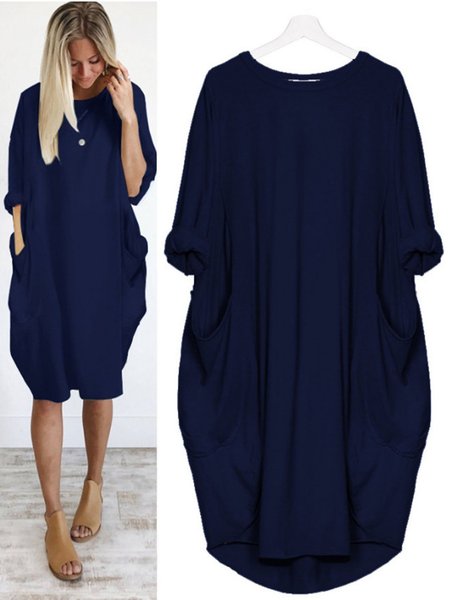 

Casual Batwing Long Sleeve Pockets Tunic Dress, Navy blue, Mini Dresses