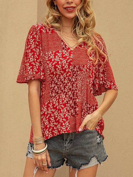 

Red Short Sleeve Floral-Print Shift Holiday Top, Blouses and Shirts