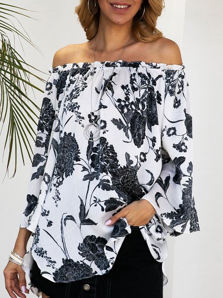 

Top Dritto Sexy Floreale a Spalla Nuda, Bianco, Blouses & Shirts