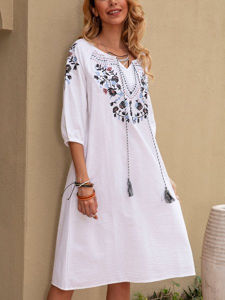 

Off White V Neck Cotton-Blend Short Sleeve Dresses, Casual Dress