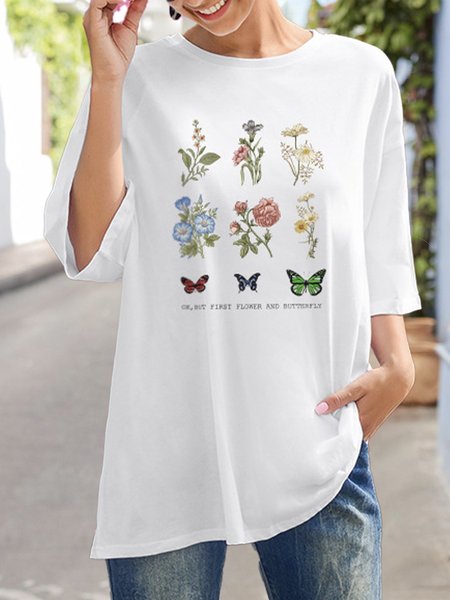 

Floral Half Sleeve Crew Neck T-Shirt, White, Tees
