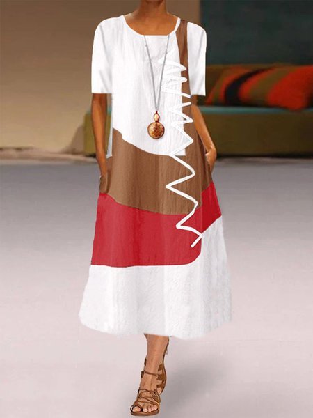 

Color-block Graffiti Printed Casual Short Sleeve Midi Dress, White, Basic Dresses