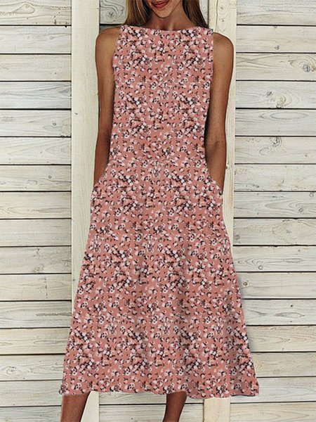 

Abito a Girocollo Casuale Stampato Floreale, Rosa, Midi Dresses