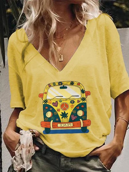 

Casual Short Sleeve Cotton-Blend Printed T-shirt, Yellow, Tops