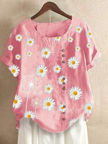 

Short Sleeve O-Neck Daisy Printed T-Shirt, Pink, Blouses & Shirts