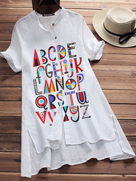

White Letter Simple Cotton-Blend Top, Blouses & Shirts