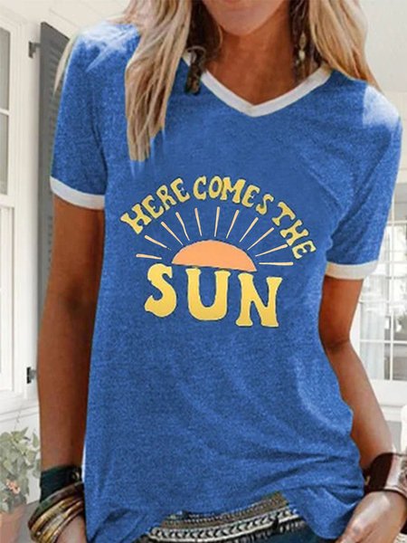 

Printed Short Sleeve Vintage T-shirt, Blue, Tops