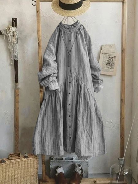 

Vintage Striped Plus Size Long Sleeve Casual Dress, Gray, Dresses