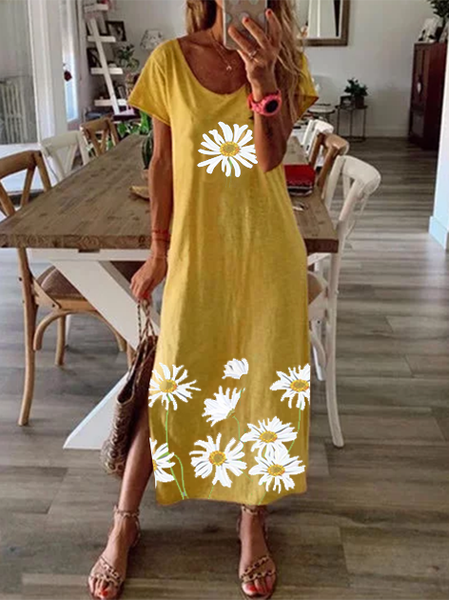 

Yellow Vintage Short Sleeve Knitting Dress, Maxi Dresses