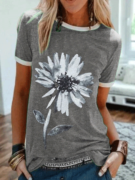 

Casual Floral Printed Tee Shirts Tops, Gray, T-shirts