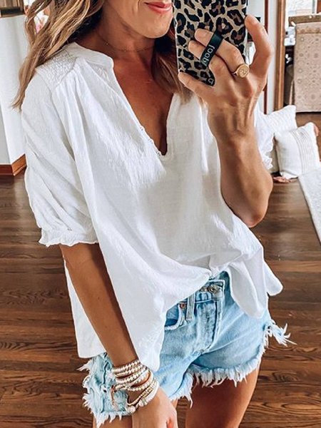 

Top con Scollo a V Casuale di Misto Cotone, Bianco, Blouses & Shirts