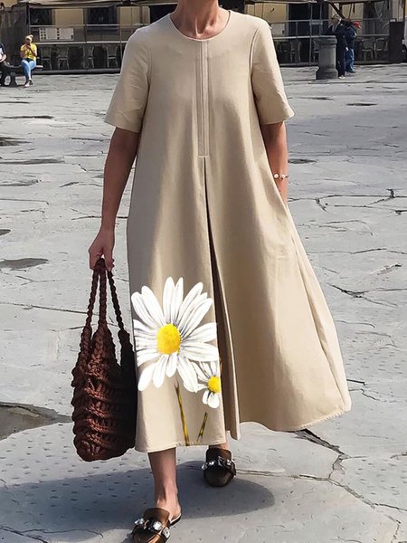 

Abito Casuale Floreale di Cotone, Cachi, Maxi Dresses