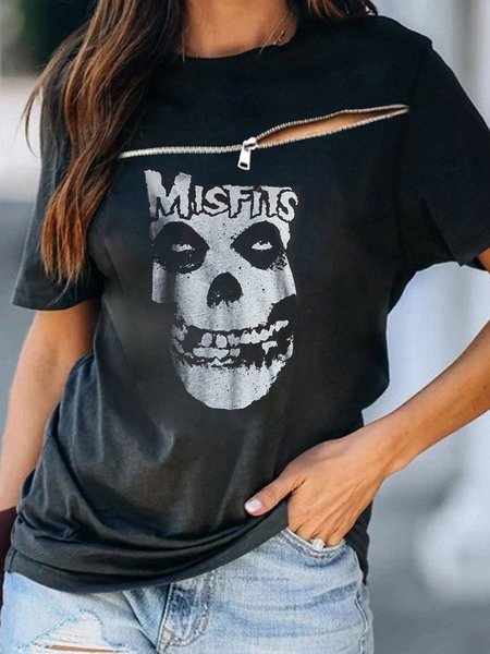 T-Shirt a Girocollo Casuale, Nero, Tops