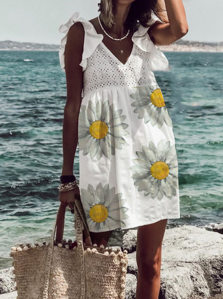 

Abito con Scollo a V Floreale di Cotone, Bianco, Mini Dresses