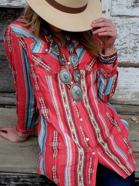 

Camicia Vintage Bohemian Geometrica Stampata Casuale, Rosso, Blouses & Shirts