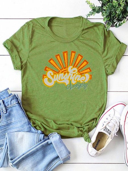 

zolucky Vintage Short Sleeve Sunshine Letter Printed Plus Size Casual Tops, Olive green, T-Shirts