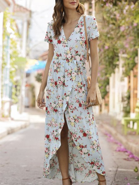

V Neck Holiday Floral Maxi Dress, Lightblue, Maxi Dresses